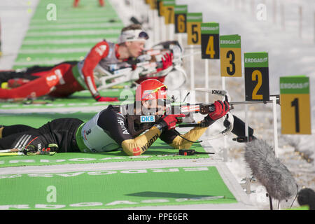 Au stand de tir dans le stade de l'arène Chiemgau au Championnat du monde de Biathlon 2012 à Ruhpolding, Bade-Wurtemberg, Bavière, Allemagne Banque D'Images