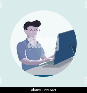 Jeune homme assis dans le bureau au bureau et de travail avec ordinateur portable. Illustration de Vecteur