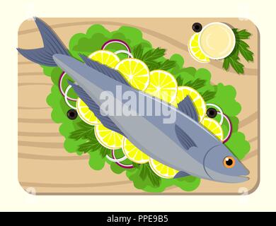 Poisson sur une planche à découper, les tranches de citron, feuilles de laitue, l'oignon, la sauce, le persil. La cuisson du saumon. Vector illustration télévision Illustration de Vecteur
