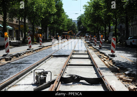 Renouvellement des voies pour le tramway dans le Woerthstrasse et sur Orleansplatz à Au-haidhausen. Banque D'Images