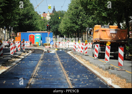 Renouvellement des voies pour le tramway dans le Woerthstrasse et sur Orleansplatz à Au-haidhausen. Banque D'Images