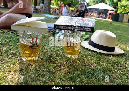 Été 2013 : baigneurs dans Ungererbad à Schwabing protéger leurs verres de bière à partir d'insectes avec des livres. Banque D'Images