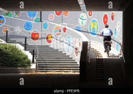 Le passage souterrain pour piétons et vélos à l'Theresienhoehe/ Hans Fischer Strasse qui fut redessiné par les enfants sur les écoles et les centres de soins de jour sous la direction d'artistes de graffiti Matthias Koehler ('Loomit"). Banque D'Images