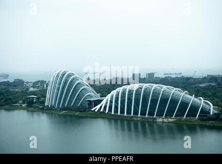 Vue aérienne de la Véranda, le complexe de la forêt de nuages et Dôme de fleurs dans les jardins de la baie Marina Reservoir Singapour République de Singapour Asie Banque D'Images