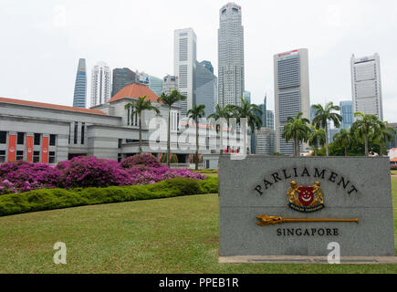 La belle maison du Parlement bâtiment avec les gratte-ciels du quartier financier avec bougainvilliers pourpres bractées florales à Singapour Banque D'Images