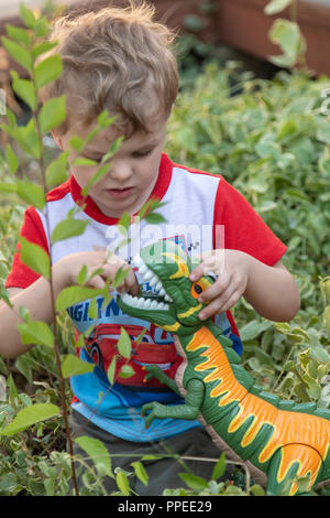 Aspen, Colorado - Adam Hjermstad, 4, rss laisse à son jouet dinosaure. Banque D'Images