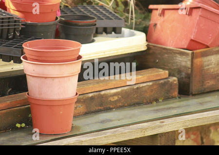 Cache-pots empilés dans une serre sur une planche en bois. Banque D'Images