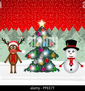 Renne et bonhomme de neige dans une forêt et l'arbre de Noël Illustration de Vecteur