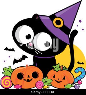 Halloween chat noir avec chapeau de sorcière, les citrouilles et les bonbons. Vector illustration Illustration de Vecteur