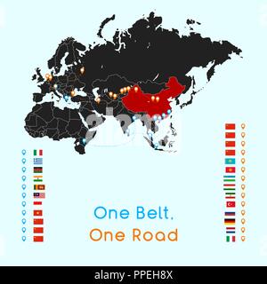 Une courroie, d'une nouvelle route de la soie Route concept. La connectivité du 21e siècle et la coopération entre les pays d'Eurasie. Vector illustration. Illustration de Vecteur