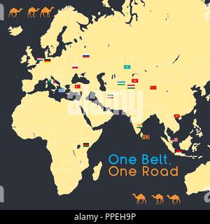 Une courroie, d'une nouvelle route de la soie Route concept. La connectivité du 21e siècle et la coopération entre les pays d'Eurasie. Vector illustration. Illustration de Vecteur