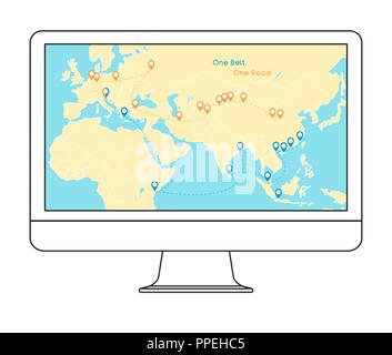 Une courroie, d'une nouvelle route de la soie Route concept. La connectivité du 21e siècle et la coopération entre les pays d'Eurasie. Vector illustration. Illustration de Vecteur