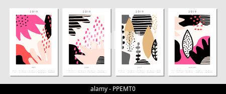 Quatre printable format A4 Calendrier 2019 des modèles pour Mai, Juin, Juillet et Août. Géométrique abstraite inspirée de la nature et des formes en noir, rose pastel, wh Illustration de Vecteur