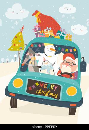 Père Noël avec rennes, bonhomme de neige et le pingouin en voiture jaune Illustration de Vecteur