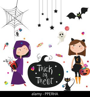 Carte d'Halloween dans le style cartoon fun avec certains personnages et éléments. Illustration de Vecteur