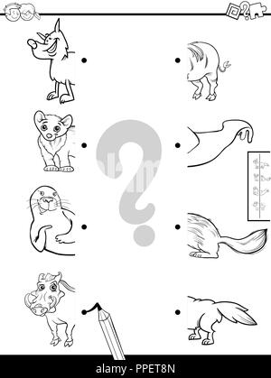 Cartoon noir et blanc Illustration de jeu éducatif des moitiés correspondantes de photos avec des animaux sauvages Coloring Book Illustration de Vecteur