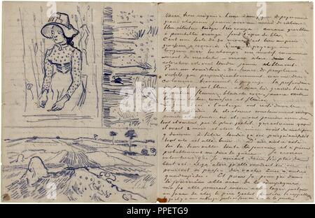 Croquis dans lettre 896 : 'Girl dans un contexte de blé' ; 'couple en train de marcher entre les rangées de peupliers '' ; 'Blé', juillet 1890. Auteur : VAN GOGH, Vincent. Lieu : Musée Van Gogh. Amsterdam. HOLANDA. Banque D'Images