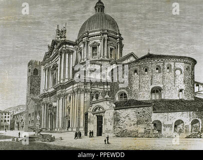 L'Italie. Brescia. Vue de l'ancienne et la nouvelle cathédrale (11ème et 12ème siècles). Gravure du xixe siècle. Banque D'Images