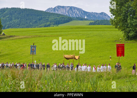 Corpus Christi procession à travers les plaines et les champs de la colère d'Hoeglwoerth, Bavière, Allemagne, le Saint Sacrement est porté par le prêtre, qui passe sous le 'ciel'. Banque D'Images