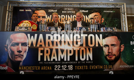 (De gauche à droite) Josh Warrington, Frank Warren, John Rawling et Carl Frampton au cours de la conférence de presse au Grosvenor House, Londres. Banque D'Images