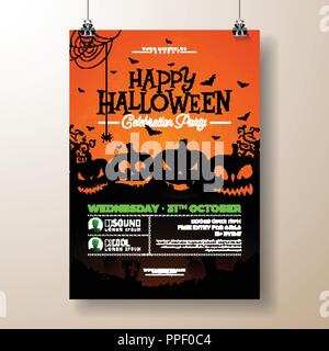 Halloween Party flyer illustration vectorielle avec scary face citrouilles sur fond orange. Maison de vacances modèle de conception avec le vol des chauves-souris pour l'invitation à une fête, carte de souhaits, une bannière ou une célébration de l'affiche. Illustration de Vecteur