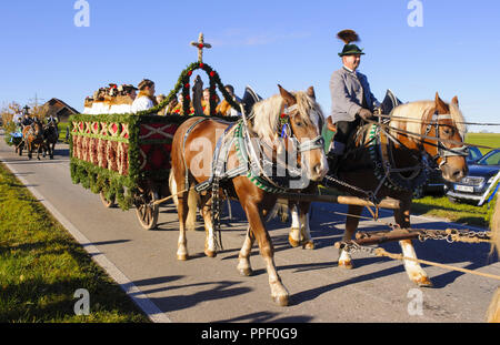 Leonhardifahr à Murnau en l'honneur de Saint Léonard, patron des chevaux, avec de nombreux entraîneurs et les chevaux décorés Banque D'Images