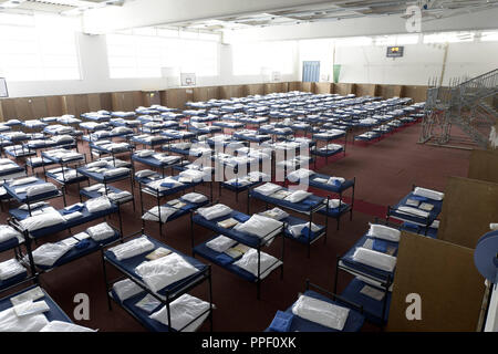 Dans la salle de sport de Taufkirchen meublé est un refuge d'urgence pour les réfugiés. Sur la photo, des lits superposés. Banque D'Images