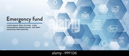 Fonds d'urgence financière des icônes avec parapluie - home ou maison, voiture ou les dommages au véhicule, perte d'emploi / chômage, et de l'hôpital ou les factures médicales Illustration de Vecteur