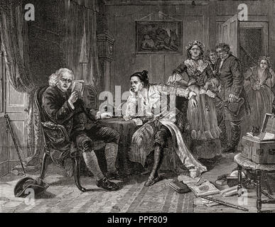 Le Dr Johnson lire le manuscrit du Vicaire de Wakefield. Samuel Johnson, 1709 - 1784, alias Le Dr Johnson. L'écrivain anglais, poète, essayiste, moraliste, critique littéraire, biographe, éditeur et lexicographe. Photos de Londres, publié en 1890. Banque D'Images
