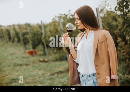 Dégustation de vin rouge vin femme à partir d'un verre dans un vignoble Banque D'Images