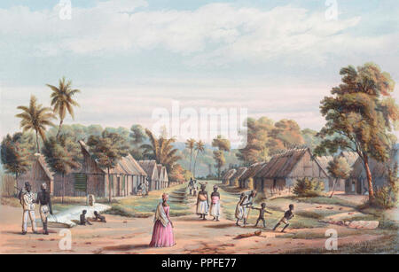 Un camp d'esclaves sur une plantation du Suriname vers 1860. À partir d'une illustration contemporaine. Banque D'Images