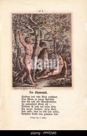 L'automne : Eve vient de recevoir le fruit interdit de la serpent, qui est ici, ainsi que dans la plupart des représentations antiques de l'objet, représenté avec un visage humain de sexe féminin. Elle est titulaire d'elle jusqu'à Adam, et lui permet de rassembler plus de il de l'arbre. À la main, gravure par chrétien de Mechel de Hans Holbein's 'le triomphe de la mort, basé sur des dessins originaux de Peter Paul Rubens, 1860. Banque D'Images