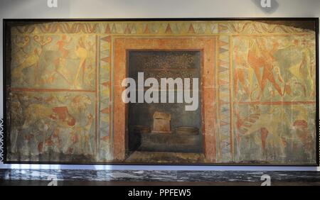 L'art étrusque Veji, le Campana tombe. Copie du tombeau de la peinture. Les murs décorés de fresques colorées du porte-à-plafond. 600 AV. Ny Carlsberg Glyptotek. Le Danemark. Banque D'Images