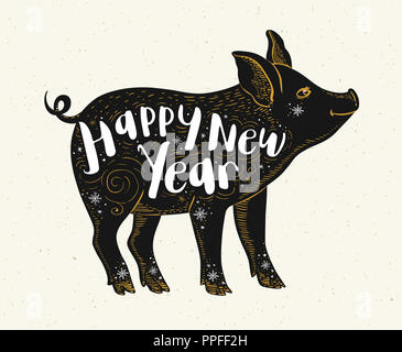 Cochon mignon symbole du zodiaque chinois pour 2019 nouvelle année. Silhouette noire de porcs et de lettrage. Illustration à la main Banque D'Images