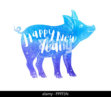 Cochon mignon symbole du zodiaque chinois pour 2019 nouvelle année. Aquarelle bleu silhouette de porcs et de lettrage. Illustration à la main Banque D'Images