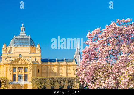 Pavillon des arts et Japanese cherry blossom au printemps à Zagreb, Croatie, roi Tomislav square Banque D'Images