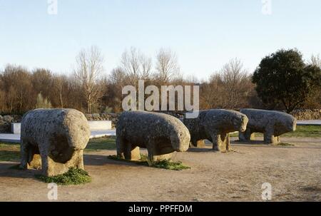 ARTE PREHISTORICO. EDAD DEL HIERRO. ESPAÑA. TOROS DE GUISANDO. Figuras zoomorfas toscamente graníticos esculpidas en bloques y que corresponden a la llamada CULTURA DE LOS VERRACOS de la Meseta (S. II a. C.). GUISANDO. Provincia de Avila. Castille-león. Banque D'Images