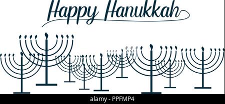 Hanukkah heureux et texte de répétition de simples contours Hanukkah menorah avec bougies allumées en bleu avec pour arrière-plan vide holiday card. V Illustration de Vecteur