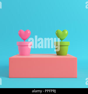 Deux coeurs dans les pots sur boîte rouge sur fond bleu lumineux dans des tons pastel. Le minimalisme concept. 3D render Banque D'Images