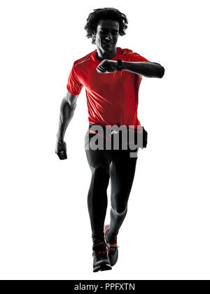 One man pratcticing runner jogger running jogging en silhouette studio isolé sur fond blanc Banque D'Images