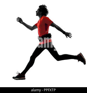 One man pratcticing runner jogger running jogging en silhouette studio isolé sur fond blanc Banque D'Images