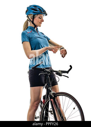 Un portrait femme cycliste vélo vélo time watch isolé sur fond blanc Banque D'Images