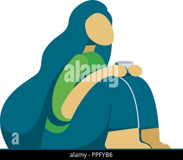 Fille de l'automne et chaude tasse de thé. Fille romantique assis sur le plancher avec la consommation de thé chaud. Vector illustration. Illustration de Vecteur