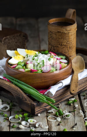 Soupe froide traditionnelle russe okroshka avec pomme de terre, jambon, oeufs, cucmebers, radis, oignon de printemps et de kvas. Banque D'Images