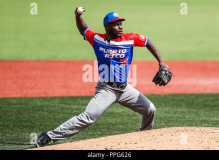David Richardson pitcher inicial de Puerto Rico. . Partido de beisbol de la Serie del Caribe con el Encuentro entre Caribes de Anzoátegui (de Venezuela Banque D'Images