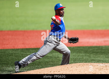David Richardson pitcher inicial de Puerto Rico. . Partido de beisbol de la Serie del Caribe con el Encuentro entre Caribes de Anzoátegui (de Venezuela Banque D'Images