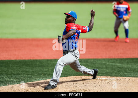 David Richardson pitcher inicial de Puerto Rico. . Partido de beisbol de la Serie del Caribe con el Encuentro entre Caribes de Anzoátegui (de Venezuela Banque D'Images