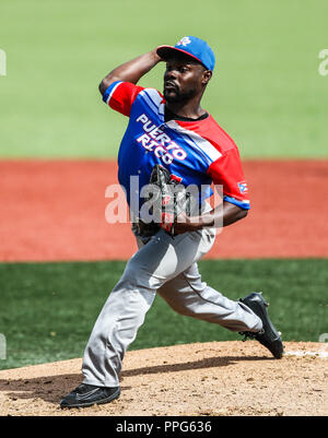 David Richardson pitcher inicial de Puerto Rico. . Partido de beisbol de la Serie del Caribe con el Encuentro entre Caribes de Anzoátegui (de Venezuela Banque D'Images