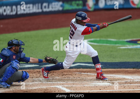 Francisco Lindor Puerto Rico , durante el partido entre Italia vs Porto Rico, World Baseball Classic en estadio Charros de Jalisco en Guadalajara, moi Banque D'Images