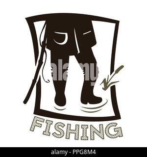Les jambes du pêcheur. Silhouette en noir et blanc. Illustration vecteur de pêche. Illustration de Vecteur